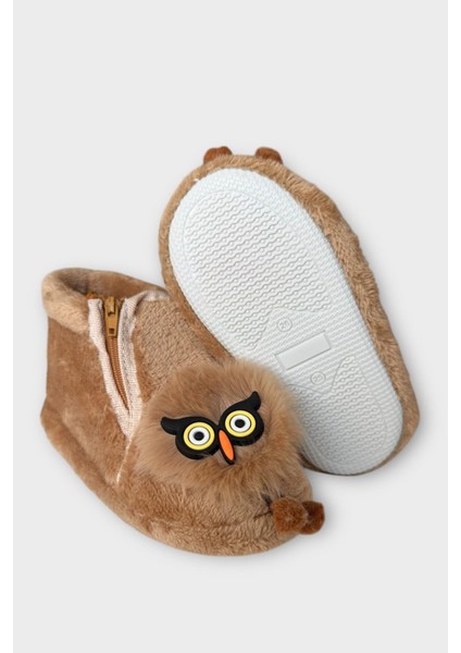 Çocuk Sevimli Baykuş Figürlü Panduf Vizon