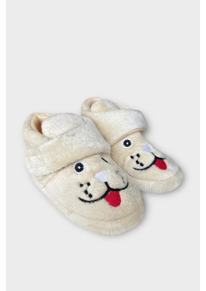 Çocuk Cırtlı Kaydırmaz Taban Anaokulu Kreş Ev Ayakkabısı Panduf Krem