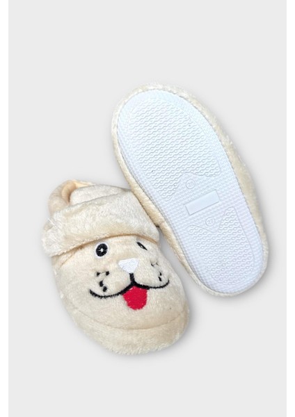 Çocuk Cırtlı Kaydırmaz Taban Anaokulu Kreş Ev Ayakkabısı Panduf Krem