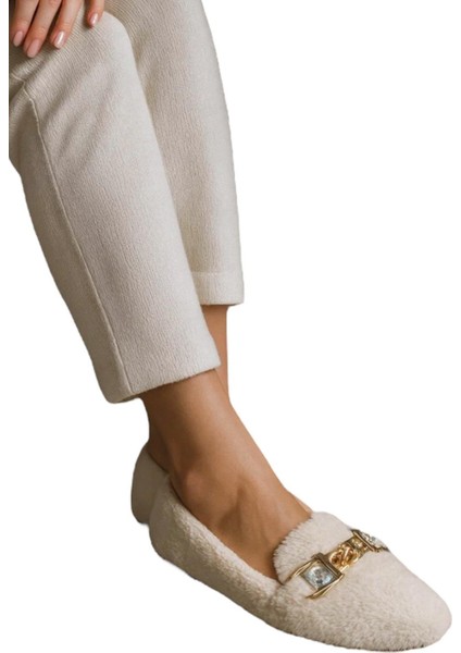 Yumuşak Peluş Ses Yapmaz Hafif Taban Kadın Ev Babeti Panduf Beyaz