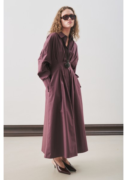 Pile Detaylı Gömlek Elbise Mürdüm