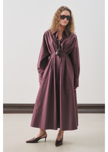 Pile Detaylı Gömlek Elbise Mürdüm modelleri