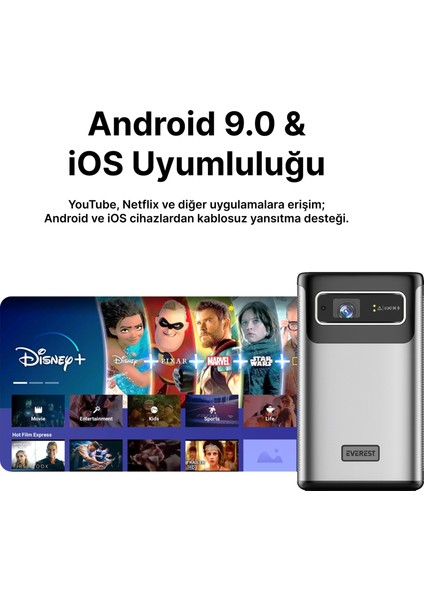 PJ-DLP21 Gri 8000MAH Oto Odaklamalı 960*540 4K Destekli 5400 Lümen Android 9.0 Dlp Projeksiyon