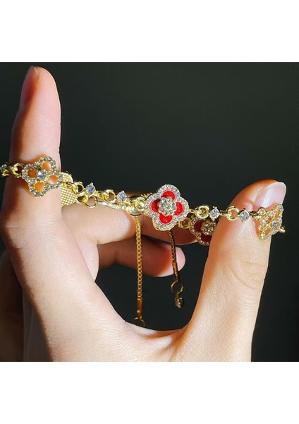 Mikro Yerleştirilmiş Parlayan Elmas Retro Kırmızı Deniz Kabuğu Dört Yapraklı Yonca Bileklik (Yurt Dışından) fırsatları