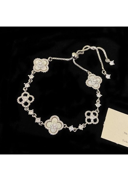 Has Yapay Elmaslı Parlayan Doğal Pembe Inci Delikli Şanslı Dörtlü Yapraklı Çekme Bileklik, Kadınlar Için Niche, Hafif Lüks Bileklik Aksesuarı (Yurt Dışından)