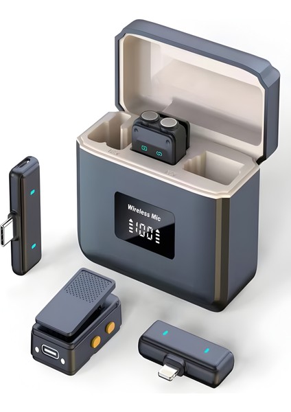 600mAh Kablosuz Çiftli Yaka Mikrofonu Type-C Lightning Uyumlu iPhone Android 25m Ses Mikrofonu