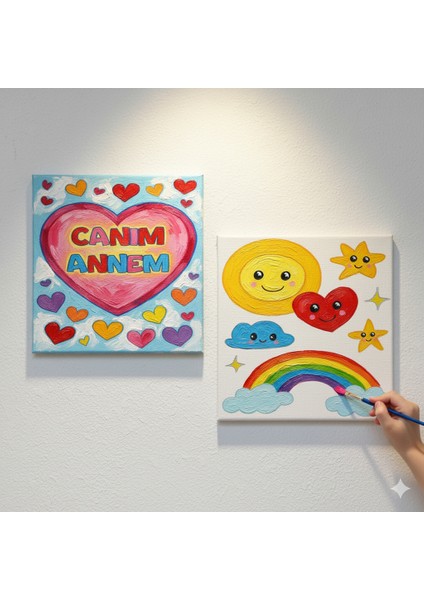 TATİL-KARNE HEDİYESİ 2'li Tuval Boyama Seti 20X20 cm Uv Baskı 6 Akrilik Boya 1 FIRÇA-MODEL-296