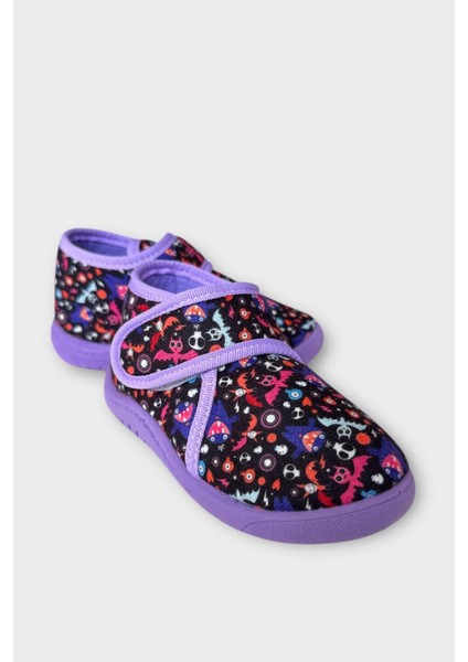 Tematik Cırtlı Çocuk Panduf Okul Kreş Ev Ayakkabısı Kaydırmaz Taban Lila