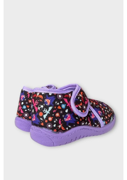 Tematik Cırtlı Çocuk Panduf Okul Kreş Ev Ayakkabısı Kaydırmaz Taban Lila