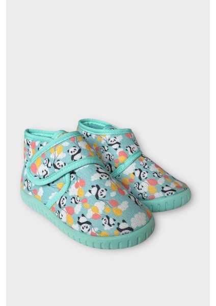 Tematik Cırtlı Çocuk Panduf Okul Kreş Ev Ayakkabısı Kaydırmaz Taban GRİ-SU YEŞİLİ