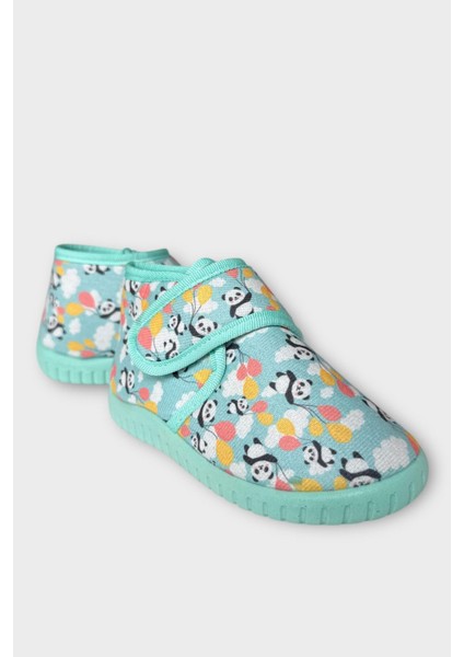 Tematik Cırtlı Çocuk Panduf Okul Kreş Ev Ayakkabısı Kaydırmaz Taban GRİ-SU YEŞİLİ