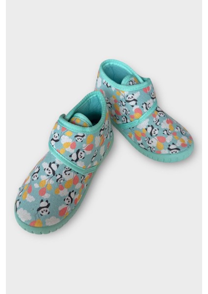 Tematik Cırtlı Çocuk Panduf Okul Kreş Ev Ayakkabısı Kaydırmaz Taban GRİ-SU YEŞİLİ