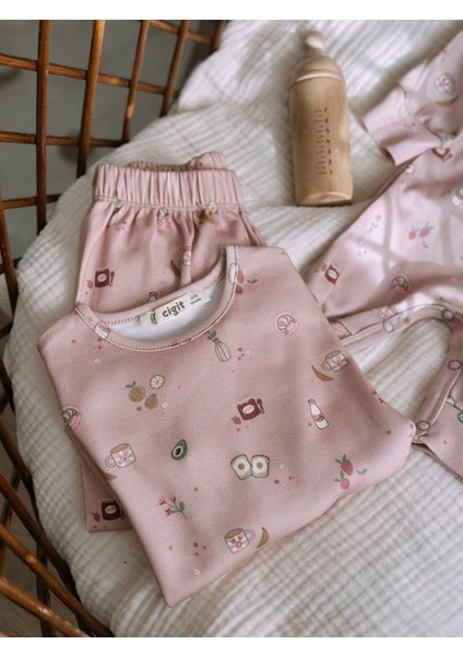 Desenli Mevsimlik Pijama Takım 1-7 Yaş Pudra Pembe