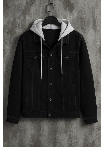 Erkek Kapşonlu Mevsimlik Siyah Bol Kot Mont