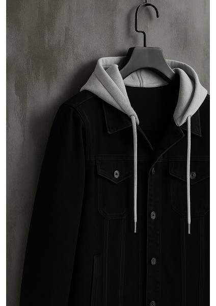 Erkek Kapşonlu Mevsimlik Siyah Bol Kot Mont fiyatları