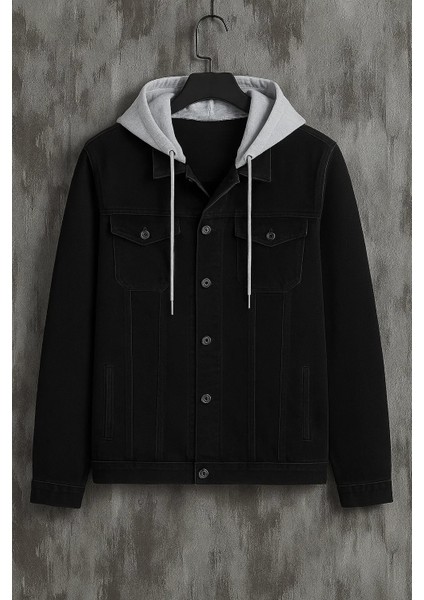 Erkek Kapşonlu Mevsimlik Siyah Bol Kot Mont indirimleri