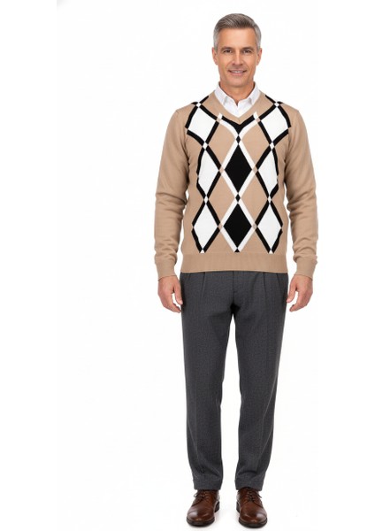 Erkek Kışlık Doğal Yünlü Örme V Yaka Kazak Baklava Desenli Rahat Kesim Tam Kalıp Klasik Model