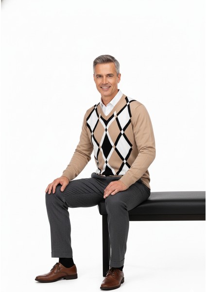 Erkek Kışlık Doğal Yünlü Örme V Yaka Kazak Baklava Desenli Rahat Kesim Tam Kalıp Klasik Model modelleri