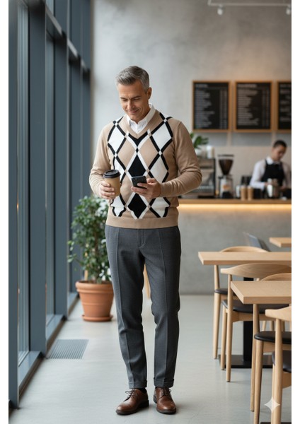 Erkek Kışlık Doğal Yünlü Örme V Yaka Kazak Baklava Desenli Rahat Kesim Tam Kalıp Klasik Model fırsatları