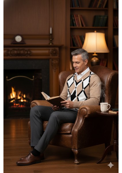 Erkek Kışlık Doğal Yünlü Örme V Yaka Kazak Baklava Desenli Rahat Kesim Tam Kalıp Klasik Model indirimleri