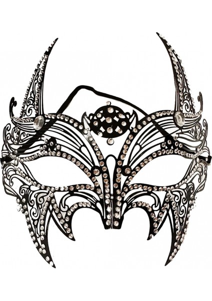 Siyah Renk Lazer Kesim Üzeri Kristal Taşlı Metal Lüks Maske Balo Parti (K95)