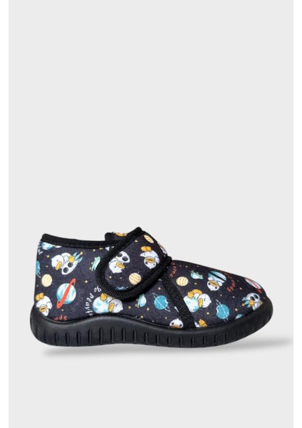 Tematik Cırtlı Çocuk Panduf Okul Kreş Ev Ayakkabısı Kaydırmaz Taban SİYAH