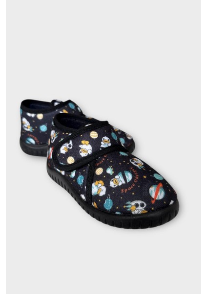 Tematik Cırtlı Çocuk Panduf Okul Kreş Ev Ayakkabısı Kaydırmaz Taban SİYAH