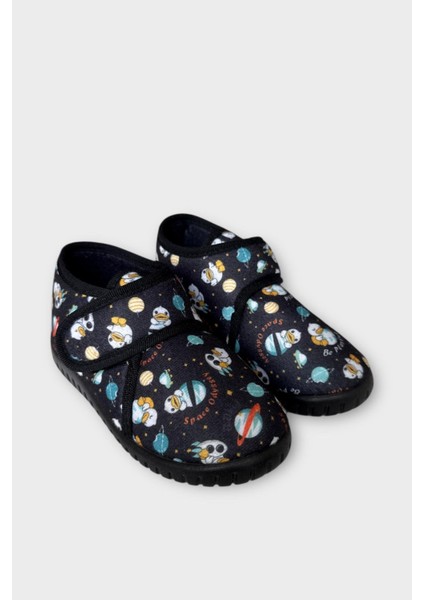 Tematik Cırtlı Çocuk Panduf Okul Kreş Ev Ayakkabısı Kaydırmaz Taban SİYAH