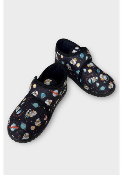 Tematik Cırtlı Çocuk Panduf Okul Kreş Ev Ayakkabısı Kaydırmaz Taban SİYAH