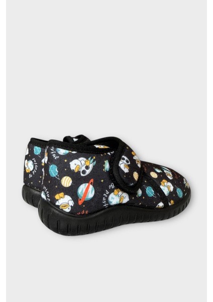 Tematik Cırtlı Çocuk Panduf Okul Kreş Ev Ayakkabısı Kaydırmaz Taban SİYAH