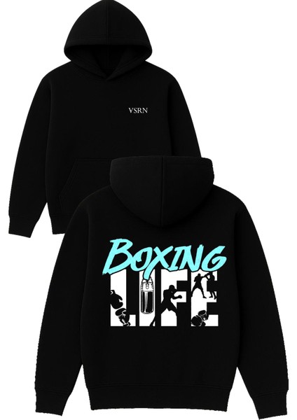 Boxing Life Tasarım Baskılı Oversize Siyah Kapüşonlu Sweatshirt