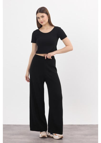 Siyah Geniş Paça Triko Kadın Pantolon 23274