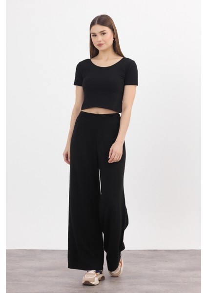 Siyah Geniş Paça Triko Kadın Pantolon 23274