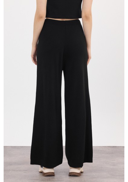 Siyah Geniş Paça Triko Kadın Pantolon 23274