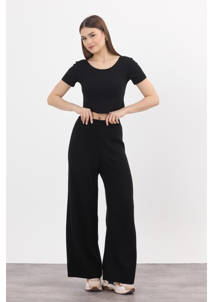 Siyah Geniş Paça Triko Kadın Pantolon 23274