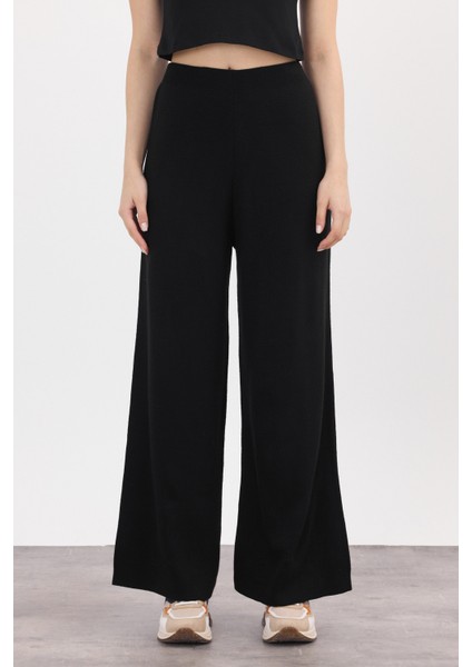 Siyah Geniş Paça Triko Kadın Pantolon 23274