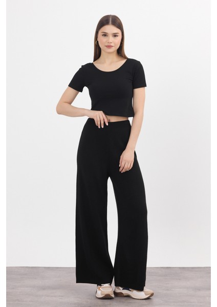 Siyah Geniş Paça Triko Kadın Pantolon 23274