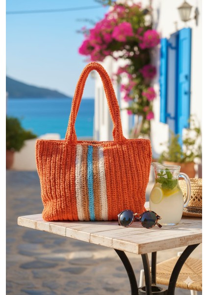 El Yapımı Turuncu Renkli Hasır Kol Çantası Hasır Omuz Çantası