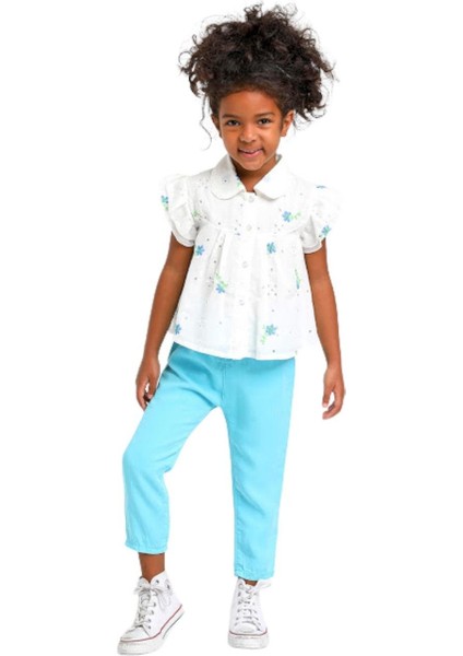 Mojo Kız Çocuk Çiçek İşlemeli Güpür Gömlek 35472 Ekru-Mavi