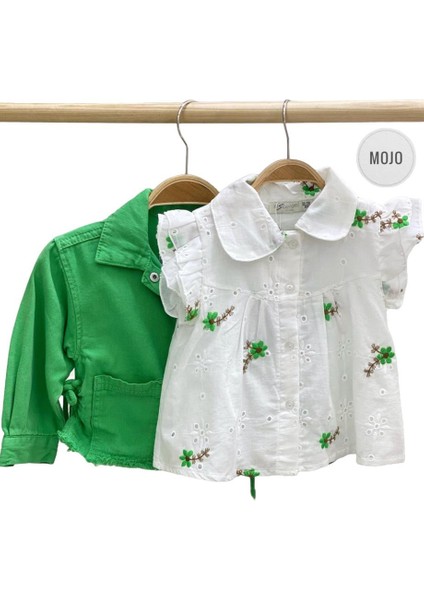 Mojo Kız Çocuk Çiçek İşlemeli Güpür Gömlek 35472 Ekru-Yeşil
