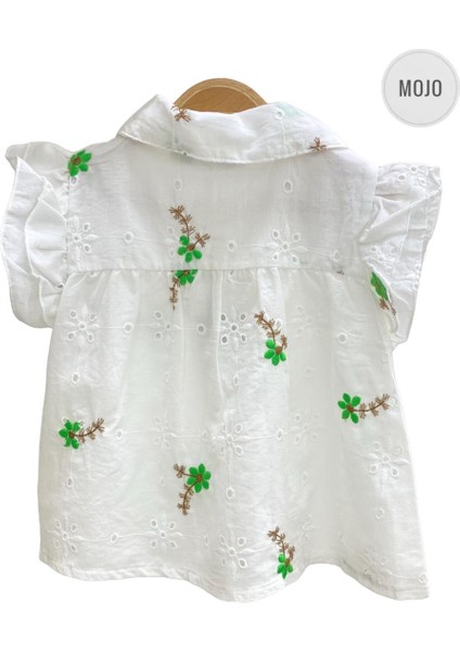Mojo Kız Çocuk Çiçek İşlemeli Güpür Gömlek 35472 Ekru-Yeşil