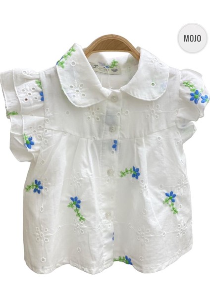 Mojo Kız Çocuk Çiçek İşlemeli Güpür Gömlek 35472 Ekru-Mavi