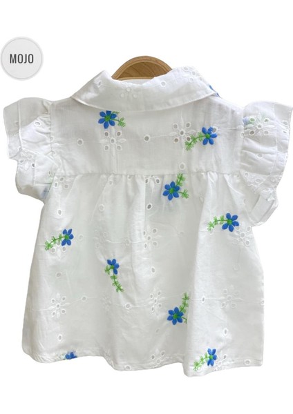 Mojo Kız Çocuk Çiçek İşlemeli Güpür Gömlek 35472 Ekru-Mavi