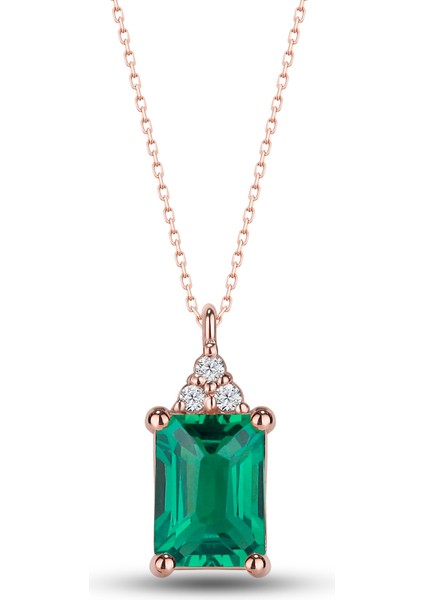 925 Ayar Gümüş Zümrüt Taşlı Pırlanta Detaylı Kolye Kadın Hediyelik Altın Rose Kaplama Seçenekli modelleri