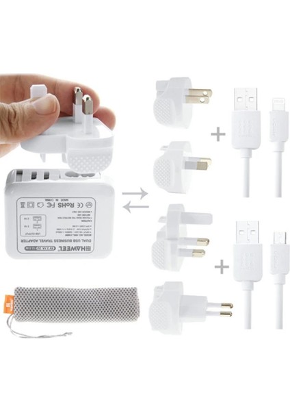 Haweel Universal Seyahat Şarj Adaptör Iphone ve 1 Mikro USB Şarj Kablosu Set-(57 - ?06?55E5-7G3