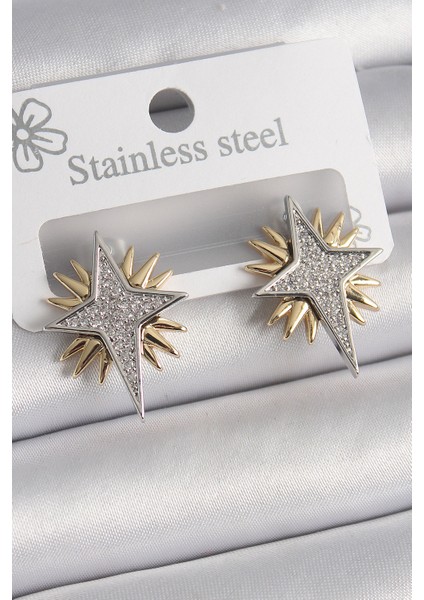 Pirinç Gold Gümüş Renk Zirkon Taşlı Kutup Yılıdız Model Kadın Küpe - Lisinya