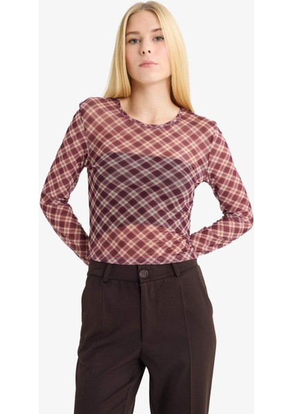 Coool Fitted Kareli Tül Uzun Kollu TIŞÖRT G3024AX25WN modelleri