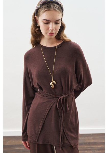 Beli Bağlama Tasarımlı Bluz Acı Kahve fırsatları
