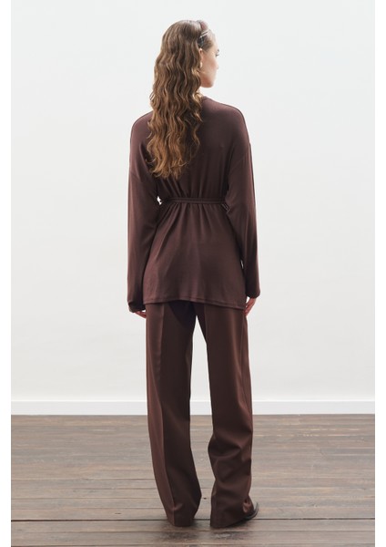 Beli Bağlama Tasarımlı Bluz Acı Kahve