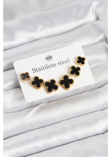 316L Çelik Gold Siyah Renk 3 Boy Yonca Küpe Seti - Lisinya